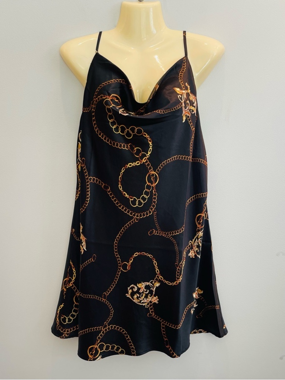 Buddy Love Dress NWT Black Satin Scarf with Gold Chain Print Women’s M